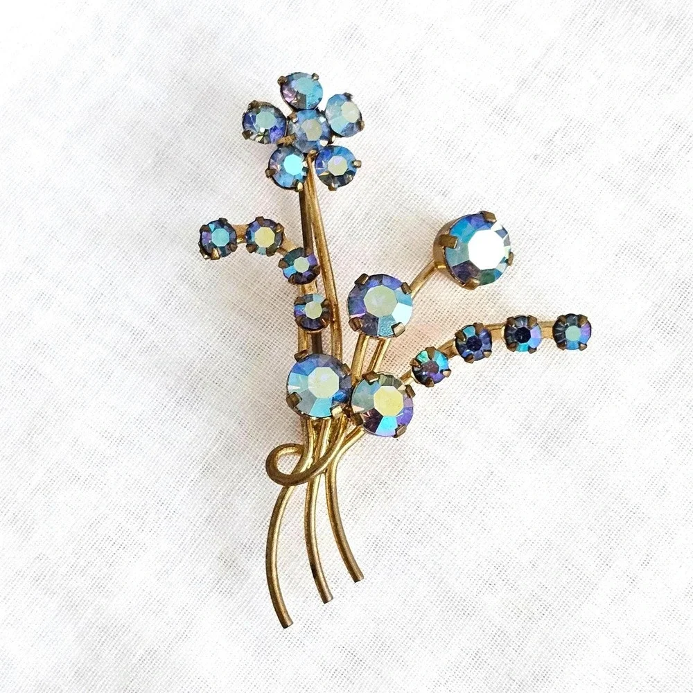 Vintage Austria AB Aurora Borealis Blue Crystal Floral Pin Brooch Prong Set